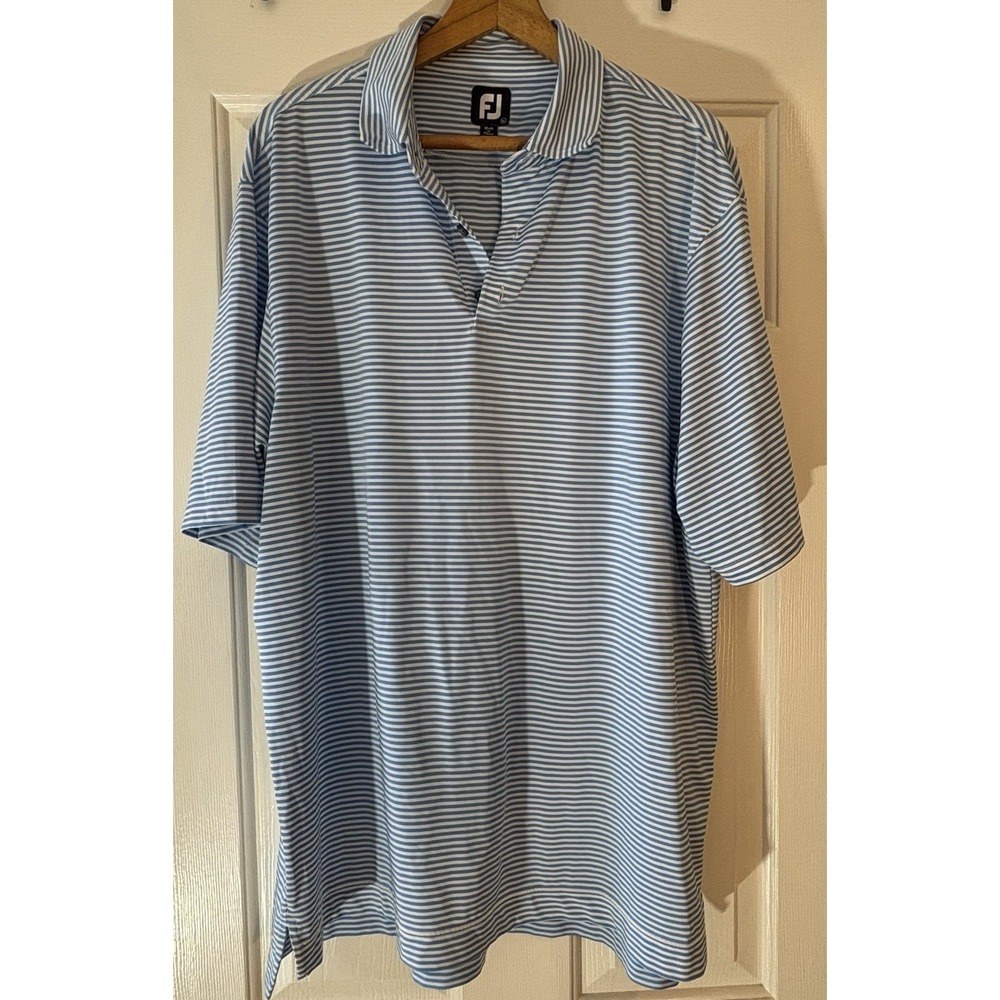 FootJoy Men's XL Blue/White Regular Fit Stretch Striped Golf Polo Collared Logo